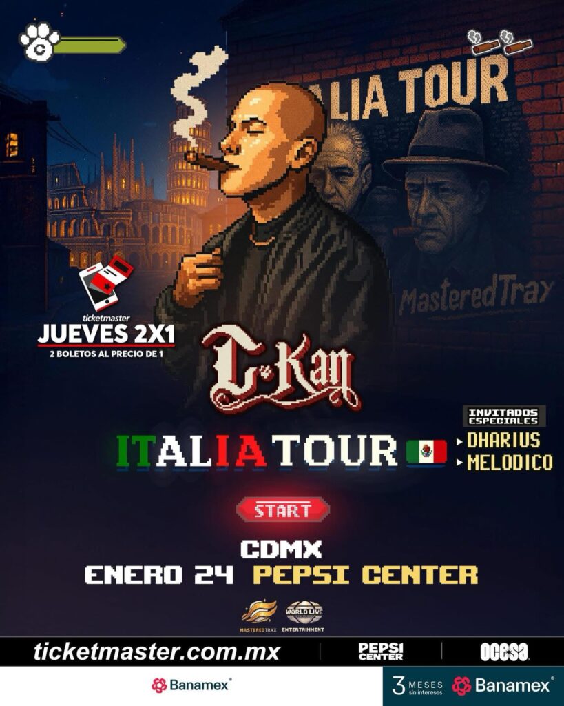 Flyer C KAN concierto Pepsi Center enero 2026 conferencia de prensa Punkcast Fotos Carlos Bolaños Tiro Loko, Melodico, Dharius