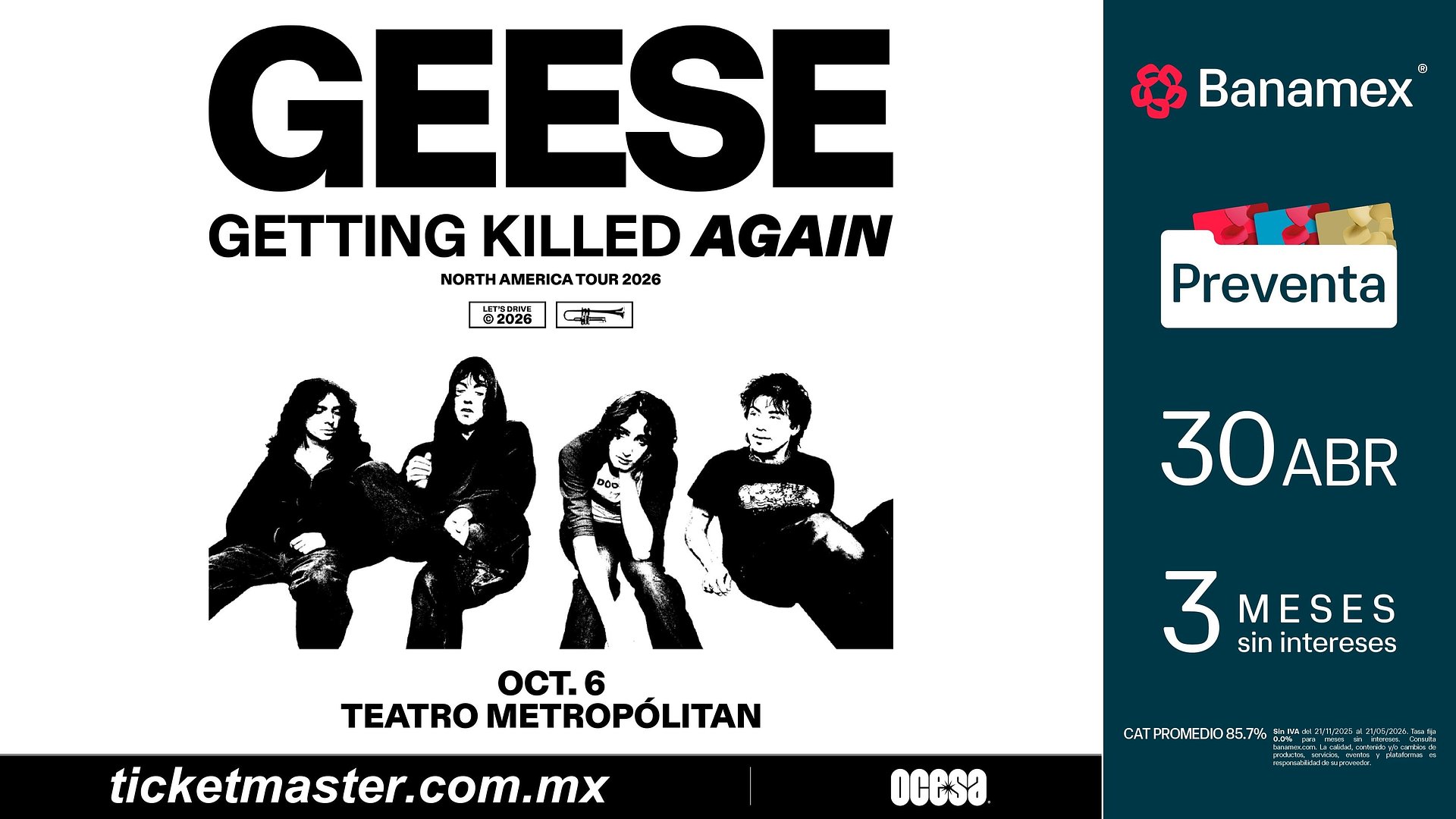 Flyer Geese Teatro Metropolitan CDMX México octubre 2026 OCESA
