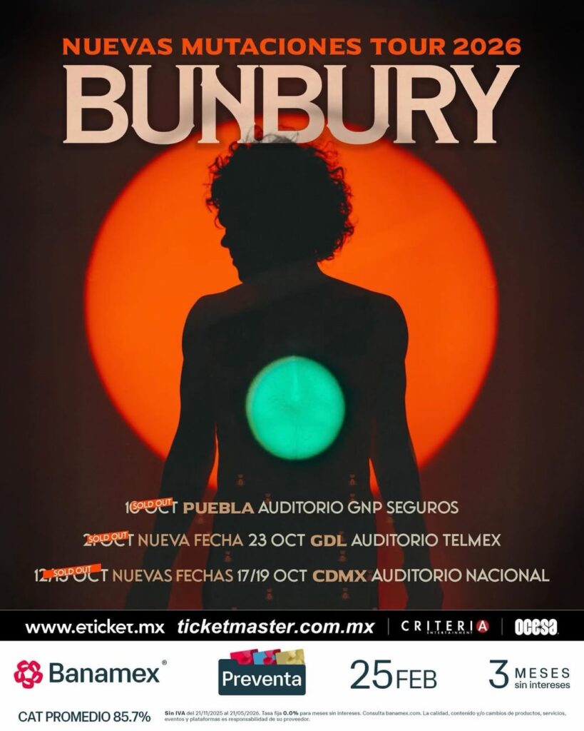 Flyer Enrique Bunbury OCESA Auditorio Nacional CDMX Puebla GDL Guadalajara 2026 Nuevas Mutaciones Tour Punkcast Foto Liz Tiro